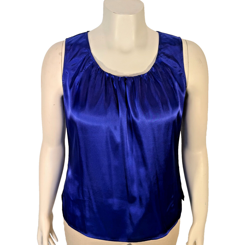Chico's Tank Top Womens M (1) Royal Blue Satin Gathered Round Neck